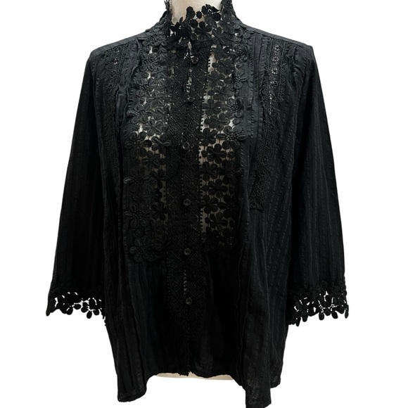 POL Black Lace Button Front Top 3/4 Sleeve BOHO Stevie Nicks M NWOT - Picture 1 of 9